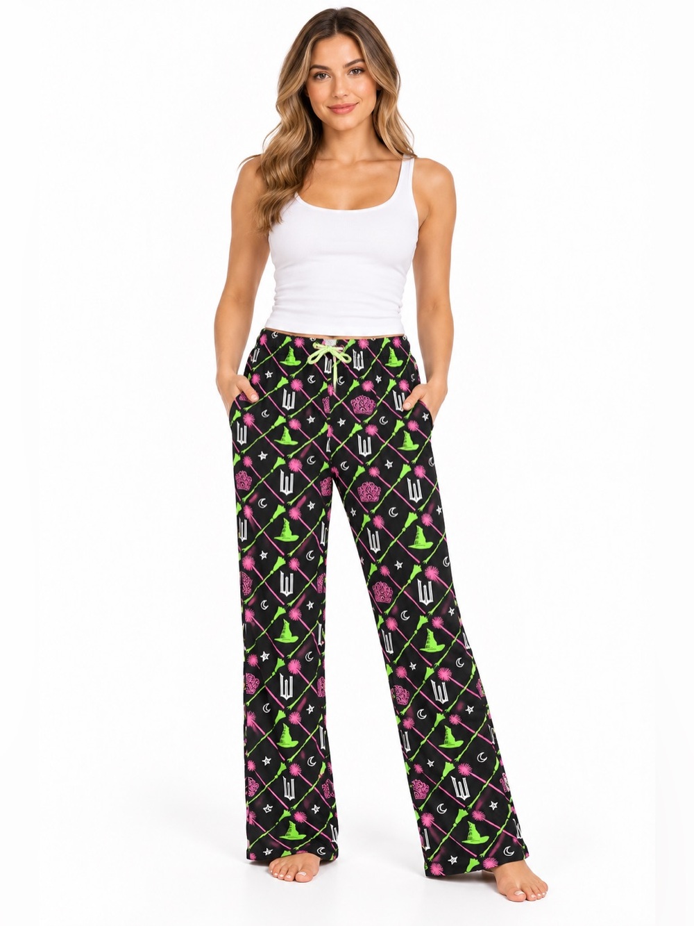 Women's Black Wide-Leg Pajama Pants with Neon Green & Pink Print